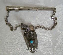 Navajo Turquoise and Sterling Silver Pistol in Holster Tie Pin Fred Harvey Era