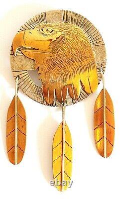Navajo Virgil Reeder Sterling Silver 12K G. P. Eagle & Feather Head Pendant Pin
