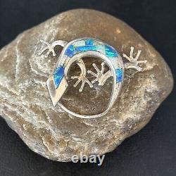 Navajo White Blue Opal Lizard Pin Pendant Inlay Gecko Sterling Silver 14335