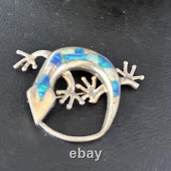 Navajo White Blue Opal Lizard Pin Pendant Inlay Gecko Sterling Silver 14335