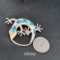 Navajo White Blue Opal Lizard Pin Pendant Inlay Gecko Sterling Silver 14335