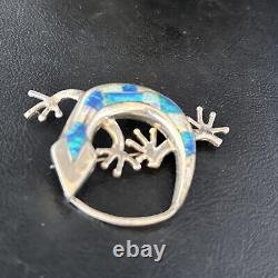 Navajo White Blue Opal Lizard Pin Pendant Inlay Gecko Sterling Silver 14335