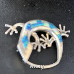 Navajo White Blue Opal Lizard Pin Pendant Inlay Gecko Sterling Silver 14336