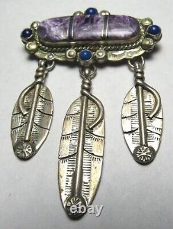 Navajo Zuni Inlay Charoite Lapis Dots Sterling Dangle Feather Pin Brooch Pendant