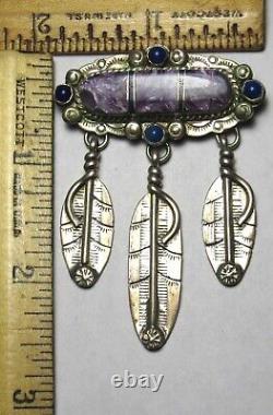 Navajo Zuni Inlay Charoite Lapis Dots Sterling Dangle Feather Pin Brooch Pendant