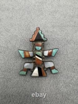 Navajo Zuni-Style Inlaid Knifewing Kachina Figural Silver Pin
