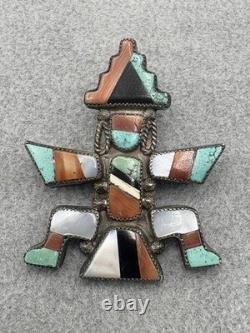Navajo Zuni-Style Inlaid Knifewing Kachina Figural Silver Pin
