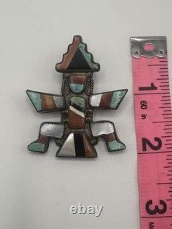 Navajo Zuni-Style Inlaid Knifewing Kachina Figural Silver Pin