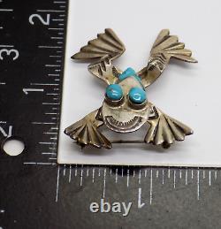 Navajo Zuni hand stamped sterling silver turquoise frog pin Native American