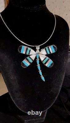 New HUGE Sterling Silver Zuni Artist Signed Inlay Dragonfly Pendant/Brooch