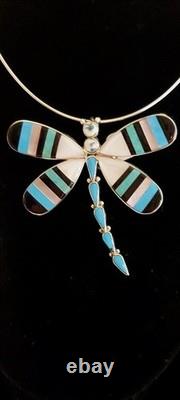 New HUGE Sterling Silver Zuni Artist Signed Inlay Dragonfly Pendant/Brooch