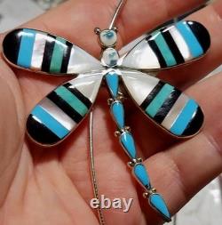 New HUGE Sterling Silver Zuni Artist Signed Inlay Dragonfly Pendant/Brooch