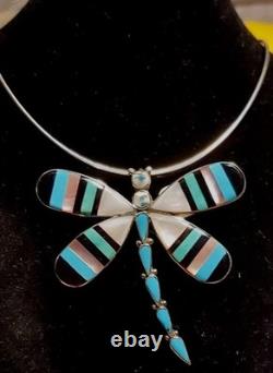 New HUGE Sterling Silver Zuni Artist Signed Inlay Dragonfly Pendant/Brooch