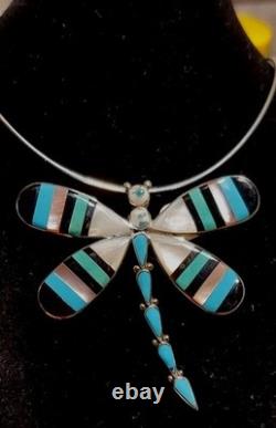 New HUGE Sterling Silver Zuni Artist Signed Inlay Dragonfly Pendant/Brooch