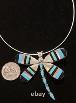 New HUGE Sterling Silver Zuni Artist Signed Inlay Dragonfly Pendant/Brooch