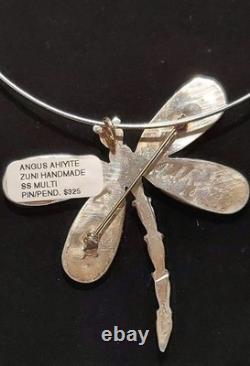 New HUGE Sterling Silver Zuni Artist Signed Inlay Dragonfly Pendant/Brooch