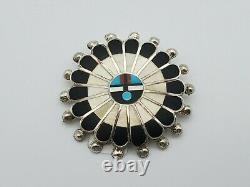 New Zuni Artist Signed A. Unkestine Inlaid Sterling Silver Sunface Pendant/pin