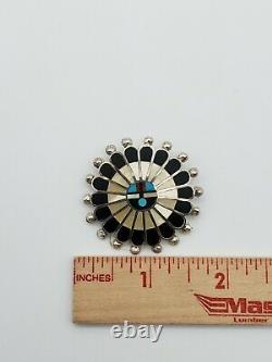 New Zuni Artist Signed A. Unkestine Inlaid Sterling Silver Sunface Pendant/pin