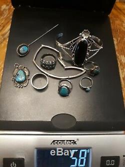 Nice Sterling Mixed Native Lot, Turquoise, cuff, rings, pin, bracelet, pend. 58gm