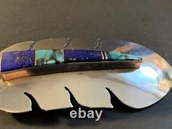 Norton Becenti Navajo Sterling Silver Turquoise Lapis Lazuli Feather Brooch Pin