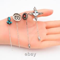 OLD Native American Turquoise Coral Sun Face Inlaid Sterlin Silver 4-Pin Sampler