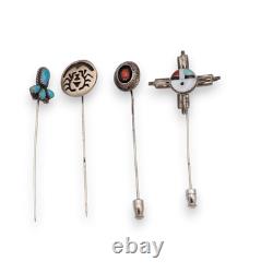 OLD Native American Turquoise Coral Sun Face Inlaid Sterlin Silver 4-Pin Sampler