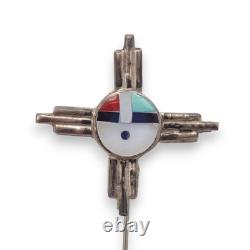 OLD Native American Turquoise Coral Sun Face Inlaid Sterlin Silver 4-Pin Sampler