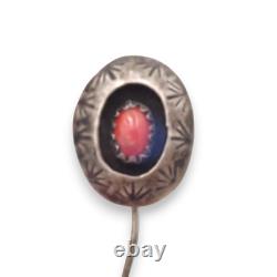 OLD Native American Turquoise Coral Sun Face Inlaid Sterlin Silver 4-Pin Sampler