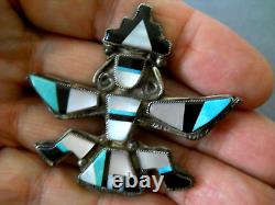 OLD Native American Zuni MultiStone Inlay Sterli Silver Knifewing Pin Brooch 2+