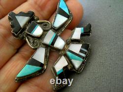 OLD Native American Zuni MultiStone Inlay Sterli Silver Knifewing Pin Brooch 2+