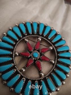 OLD Native American Zuni Turquoise And Red Coral Petit Point Pin Brooch