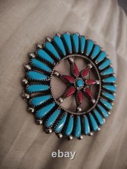 OLD Native American Zuni Turquoise And Red Coral Petit Point Pin Brooch
