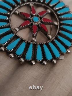 OLD Native American Zuni Turquoise And Red Coral Petit Point Pin Brooch