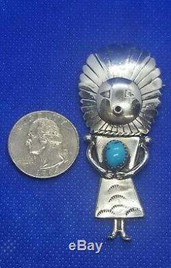OLD PAWN KACHINA BROOCH pin SIGNED MW sterling silver TURQUOISE stone 2 5/8