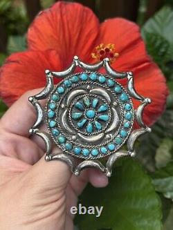 OLD PAWN Native American Zuni Large Turquoise Cluster Sterling Brooch