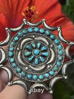 OLD PAWN Native American Zuni Large Turquoise Cluster Sterling Brooch