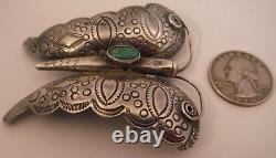 OLD PAWN Sterling Silver NAVAJO Hand Stamped 2 5/8 BUTTERFLY Turquoise Pin NICE