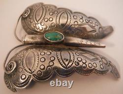 OLD PAWN Sterling Silver NAVAJO Hand Stamped 2 5/8 BUTTERFLY Turquoise Pin NICE