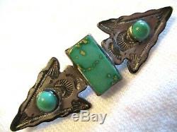 OLD PAWN Vintage STERLING SILVER Arrowheads with GREEN TURQUOISE Brooch PIN