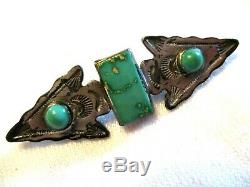 OLD PAWN Vintage STERLING SILVER Arrowheads with GREEN TURQUOISE Brooch PIN