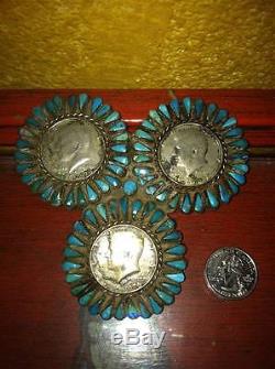 OLD Pawn HUGE 1978 Navajo Turquoise Sterling Pendant Pin KENNEDY 1/2 Dollar RARE