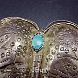 Old 1930s NAVAJO Hand Stamped Sterling Silver & Turquoise BUTTERFLY PIN/BROOCH