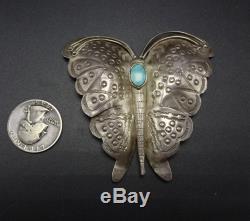 Old 1930s NAVAJO Hand Stamped Sterling Silver & Turquoise BUTTERFLY PIN/BROOCH