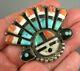 Old 1940's Zuni Sterling Blue Gem Turquoise Red Abalone Jet Mop Sun Chief Pin