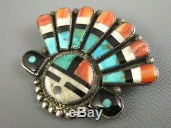 Old 1940's Zuni Sterling Blue Gem Turquoise Red Abalone Jet MOP Sun Chief Pin