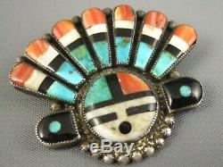 Old 1940's Zuni Sterling Blue Gem Turquoise Red Abalone Jet MOP Sun Chief Pin