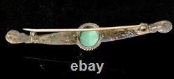 Old 2.75 Long Navajo Harvey Era Sterling Silver Green Turquoise Pin/Brooch