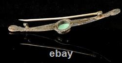 Old 2.75 Long Navajo Harvey Era Sterling Silver Green Turquoise Pin/Brooch