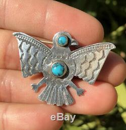 Old Fred Harvey Era Navajo Thunderbird Spiderweb Turquoise Sterling Silver Pin