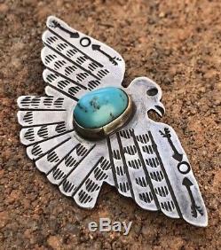 Old Fred Harvey Navajo Thunderbird Kingman Turquoise Sterling Silver Pin Brooch